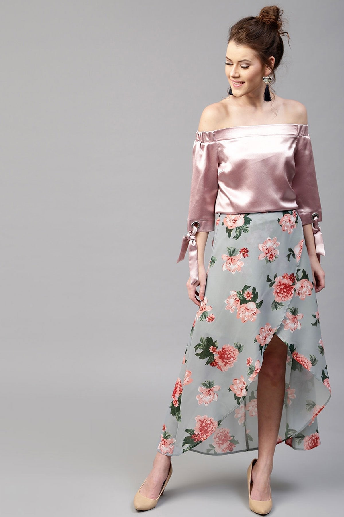 Women's Blue Floral Wrap High Low Skirt