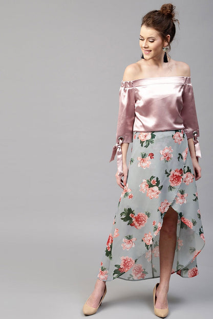 Women's Blue Floral Wrap High Low Skirt
