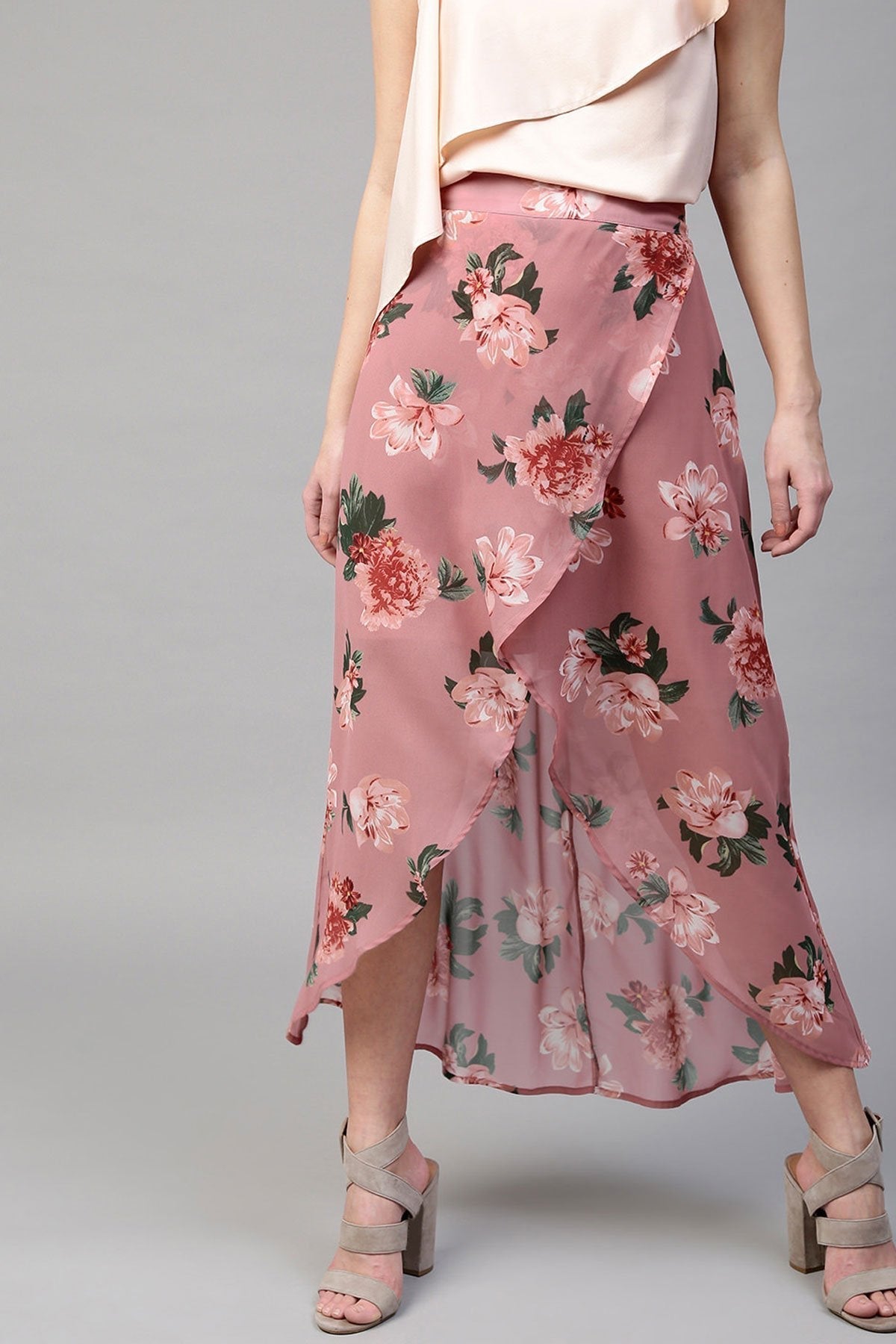 Women's Baked Pink Floral Wrap High Low Skirt