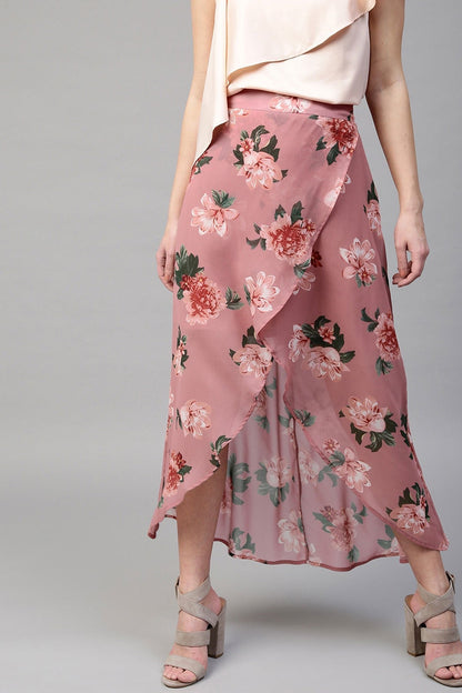 Women's Baked Pink Floral Wrap High Low Skirt