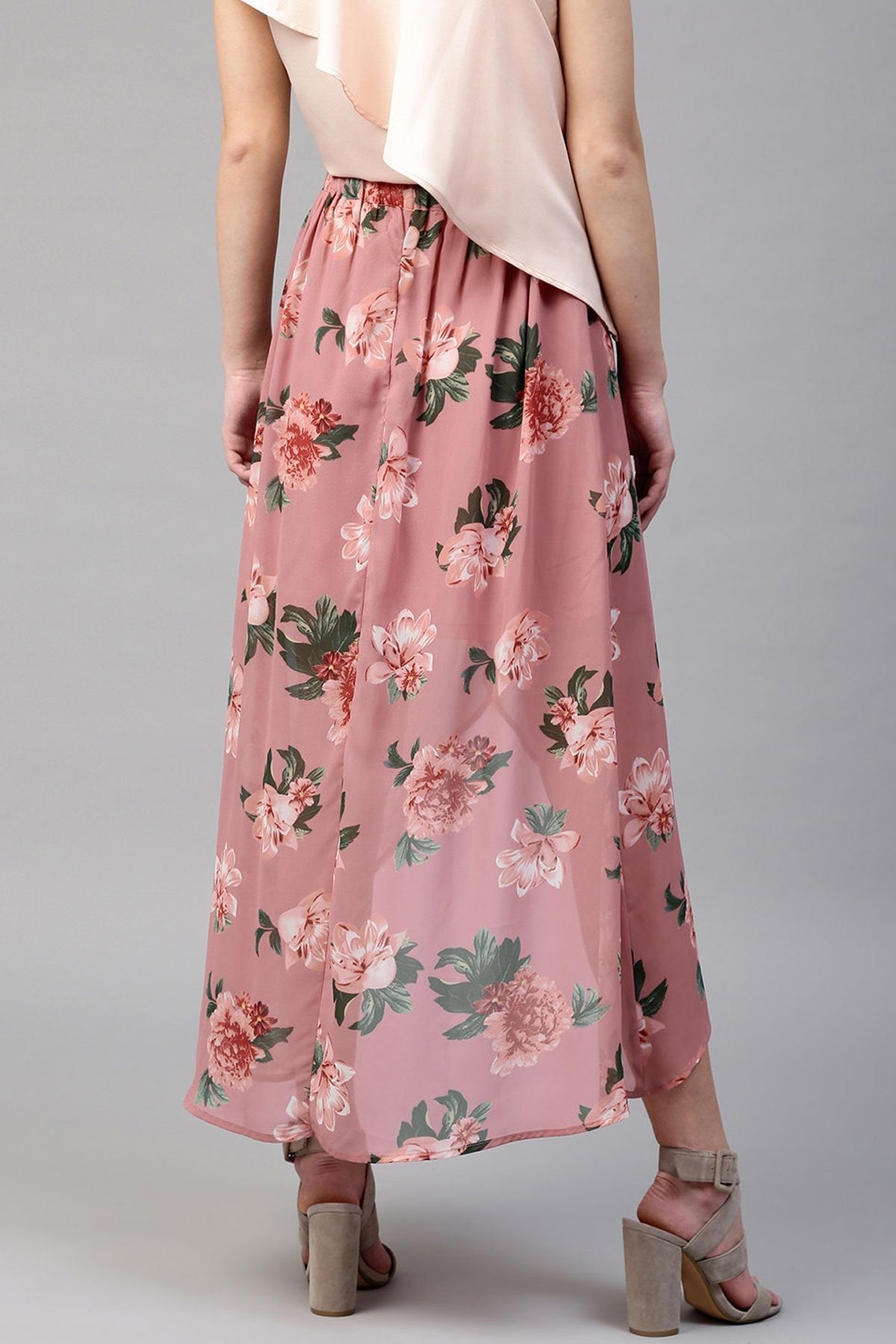 Women's Baked Pink Floral Wrap High Low Skirt