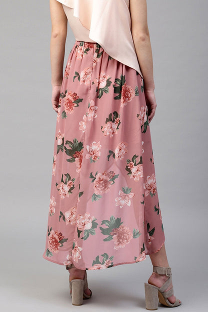 Women's Baked Pink Floral Wrap High Low Skirt