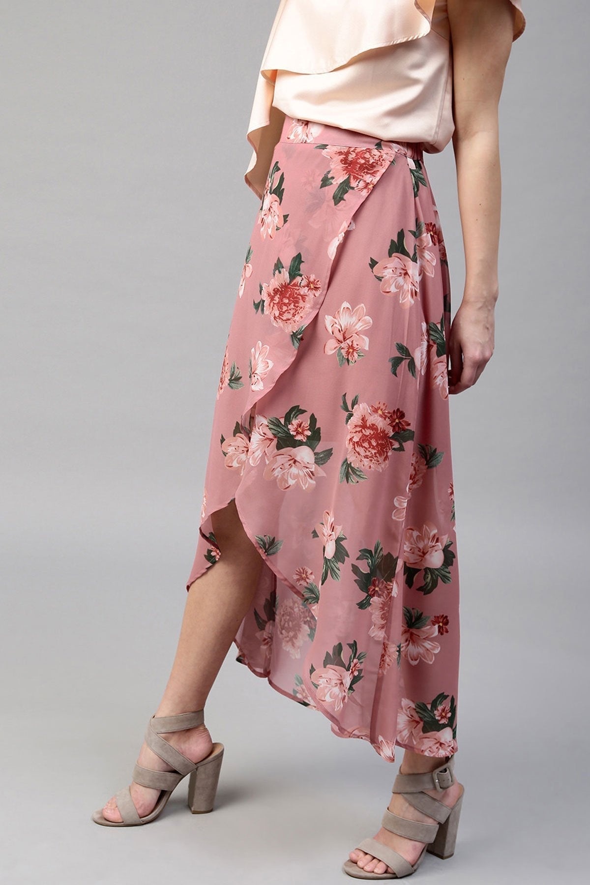 Women's Baked Pink Floral Wrap High Low Skirt