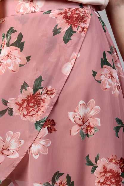 Women's Baked Pink Floral Wrap High Low Skirt