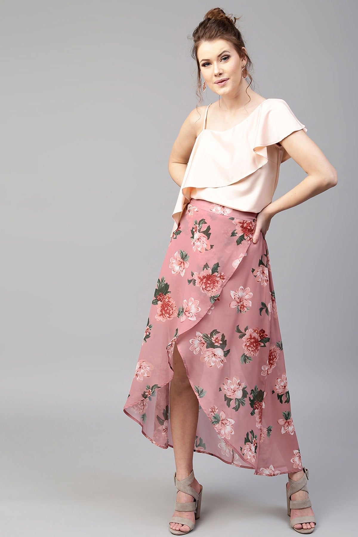 Women's Baked Pink Floral Wrap High Low Skirt