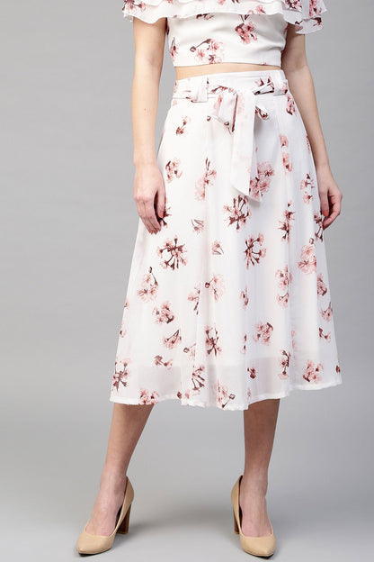 Women's Ivory Floral Flared Skirt