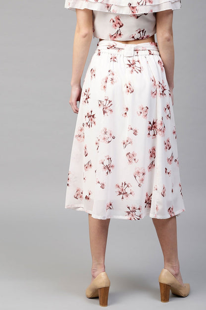 Women's Ivory Floral Flared Skirt