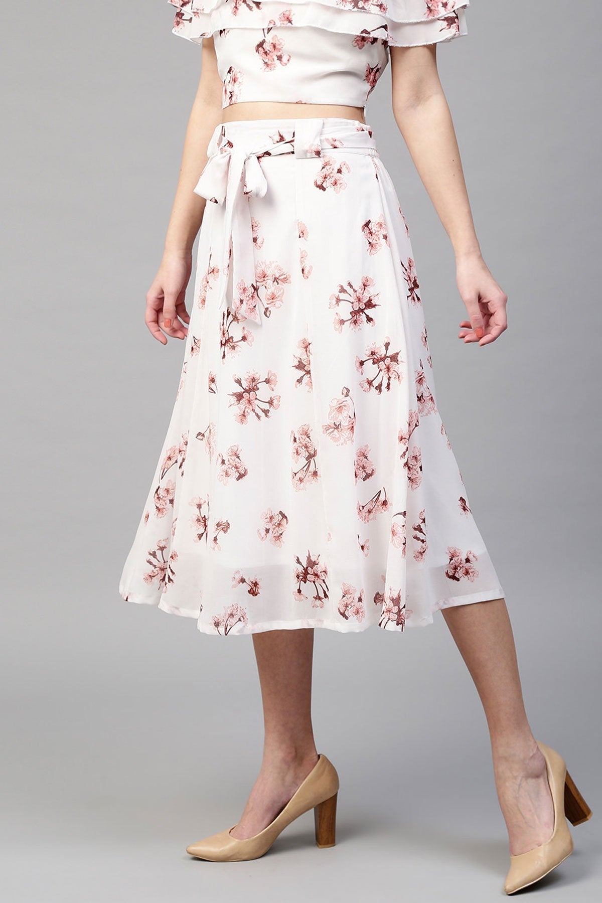 Women's Ivory Floral Flared Skirt