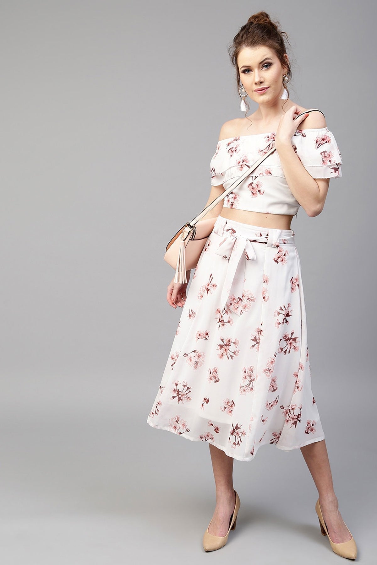 Women's Ivory Floral Flared Skirt