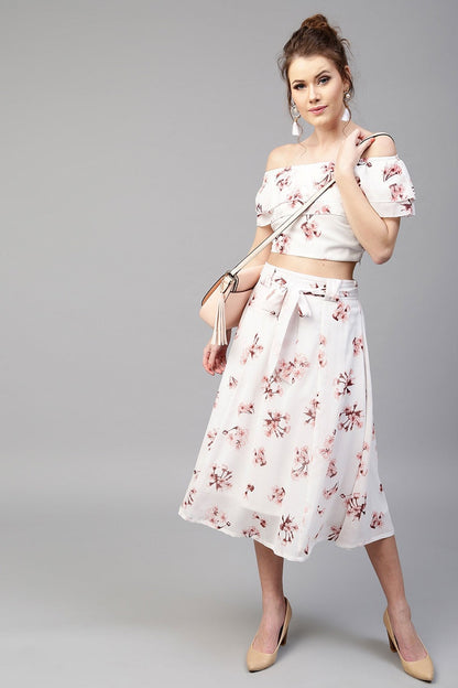 Women's Ivory Floral Flared Skirt