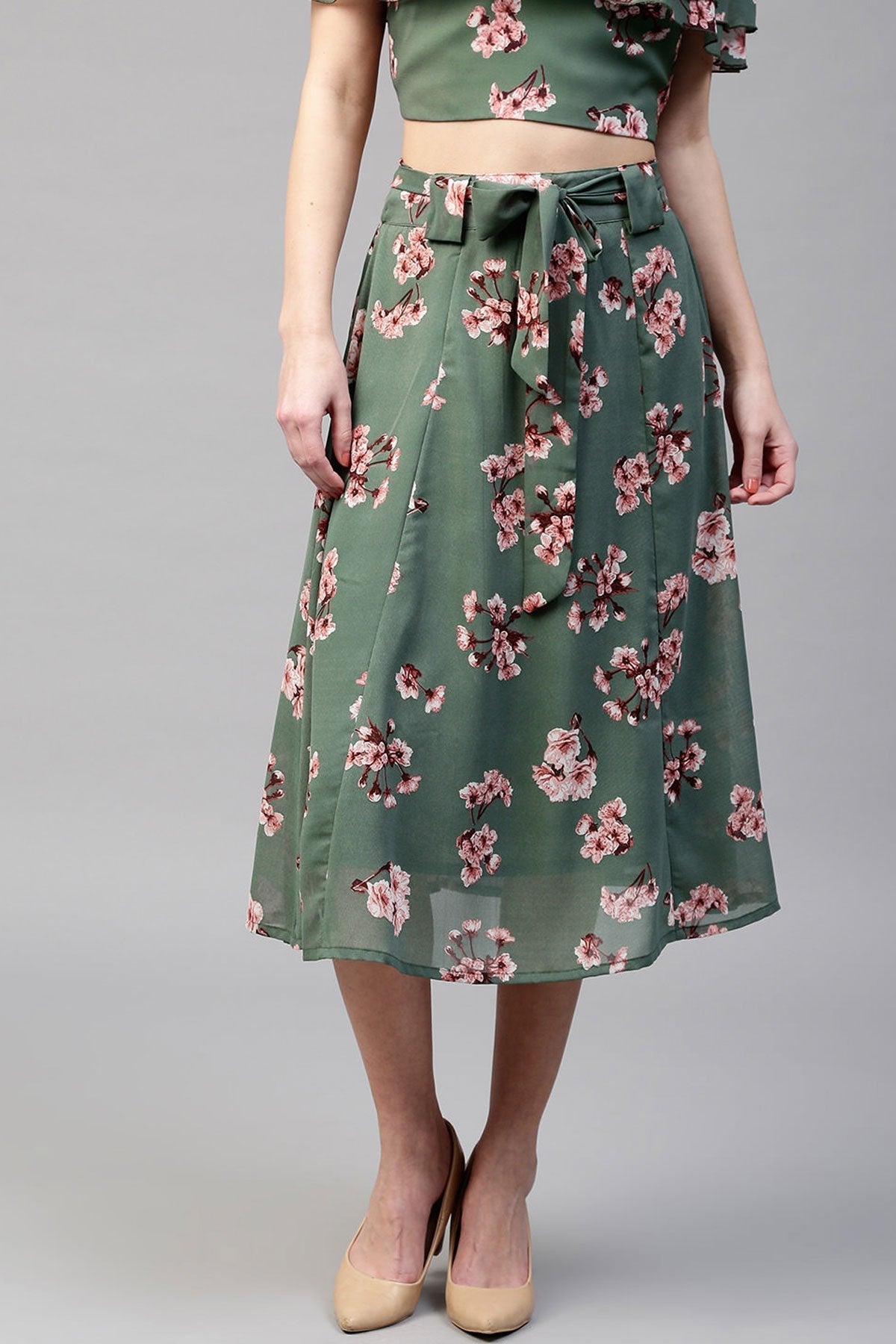 Women's Green Floral Flared Skirt