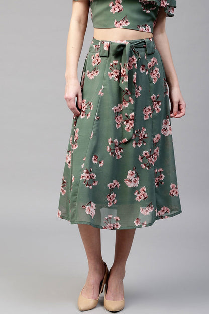 Women's Green Floral Flared Skirt