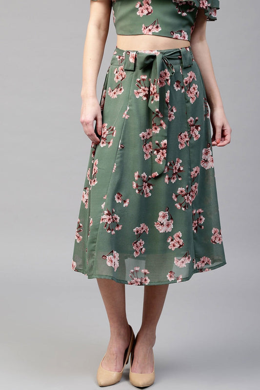 Women's Green Floral Flared Skirt