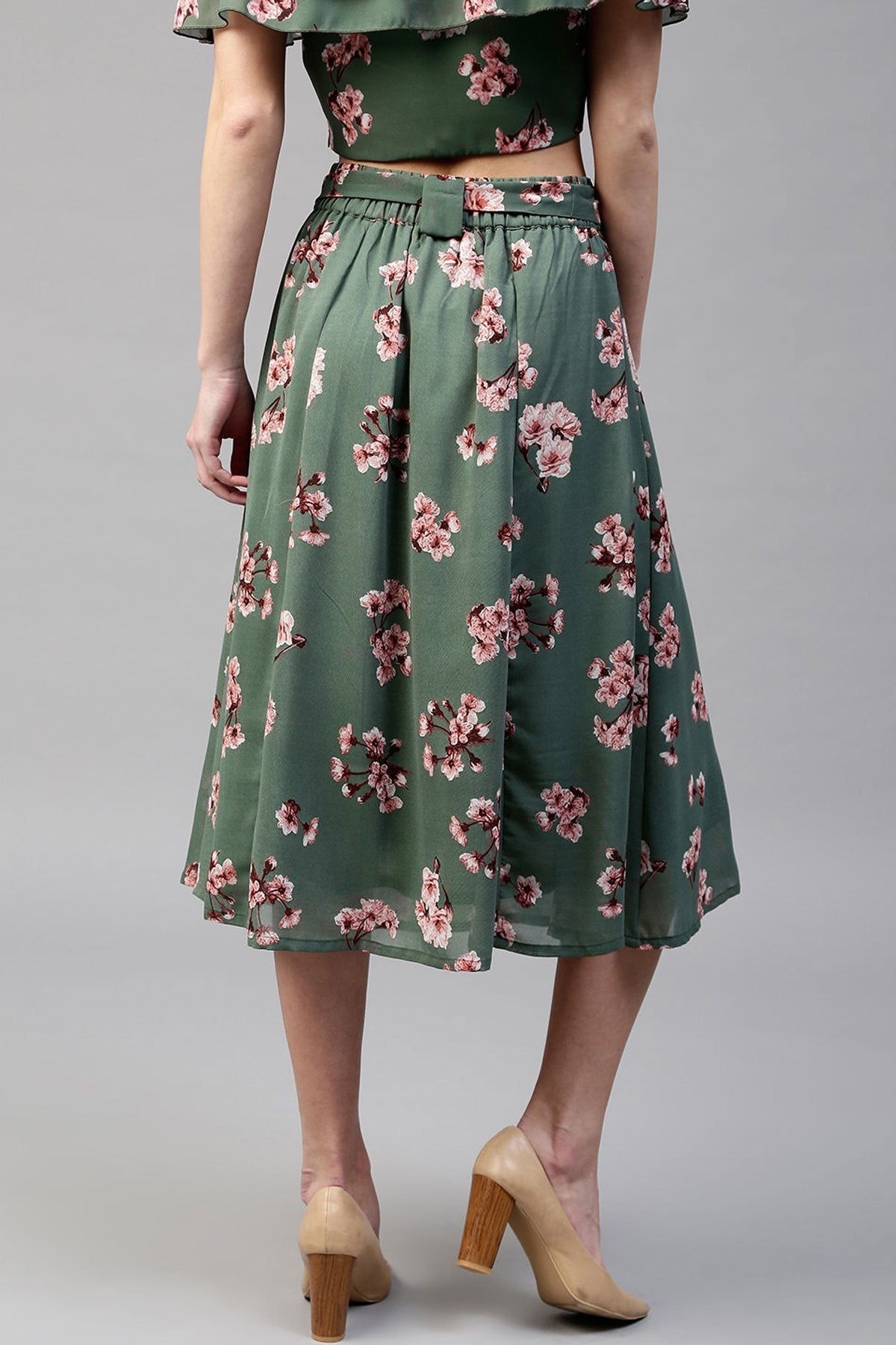 Women's Green Floral Flared Skirt
