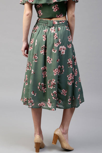 Women's Green Floral Flared Skirt