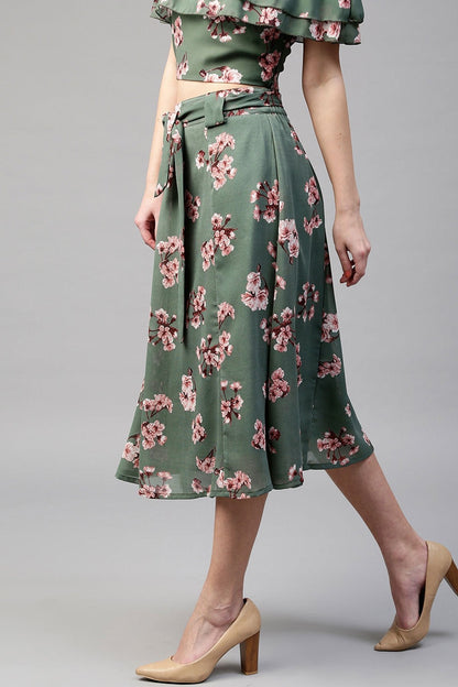 Women's Green Floral Flared Skirt