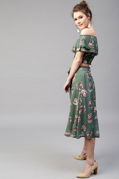 Women's Green Floral Flared Skirt