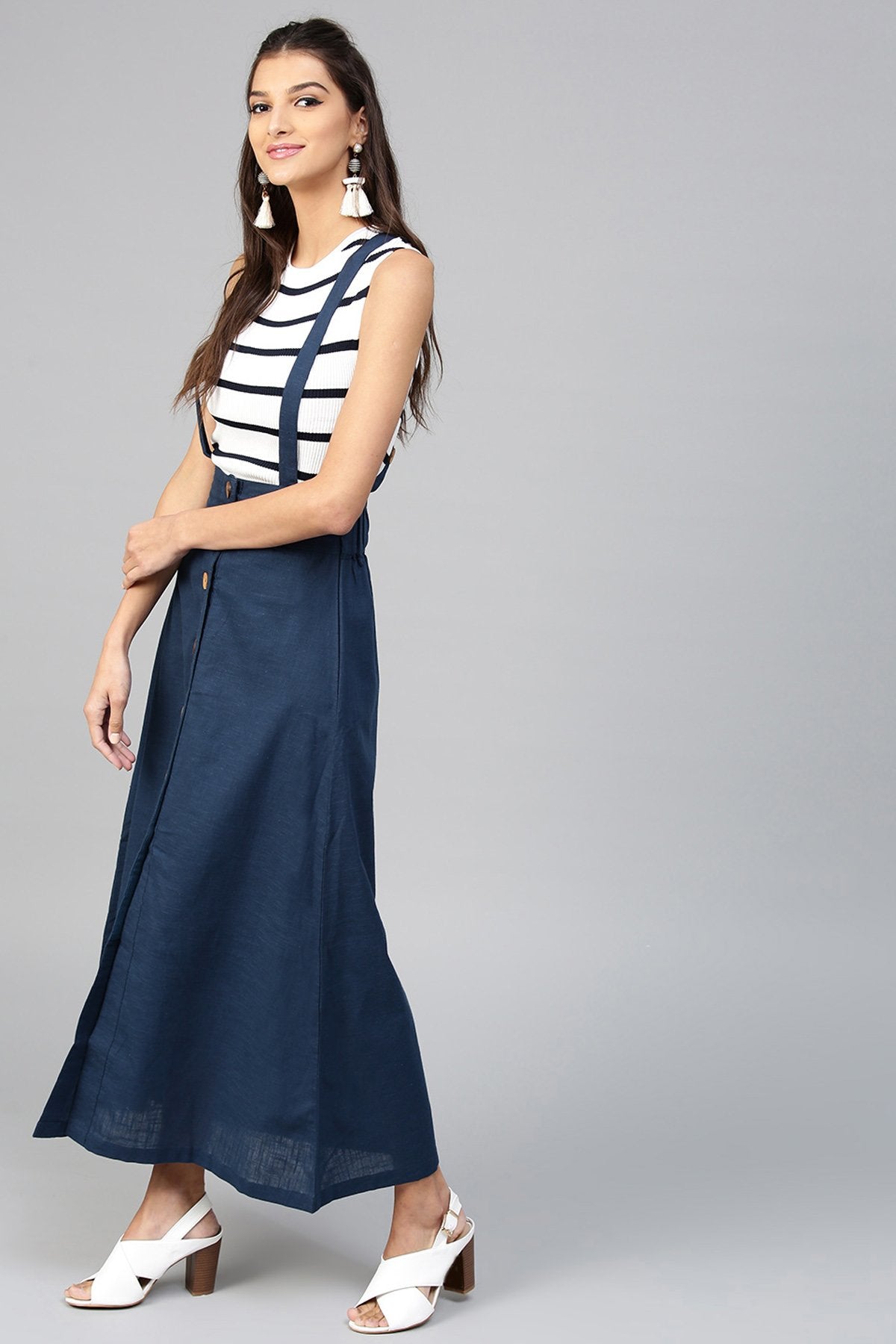 Women's Navy Dungaree Maxi Skirt