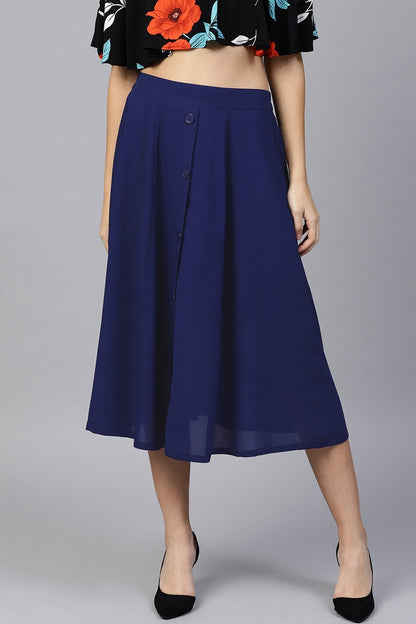 Women's Navy Front Button Flared Midi Skirt