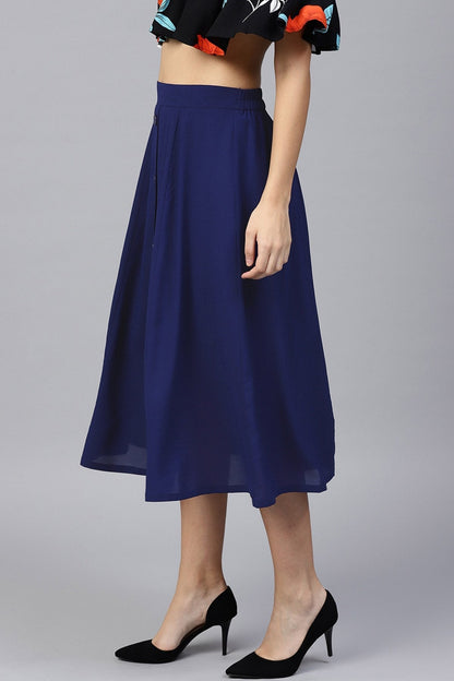 Women's Navy Front Button Flared Midi Skirt