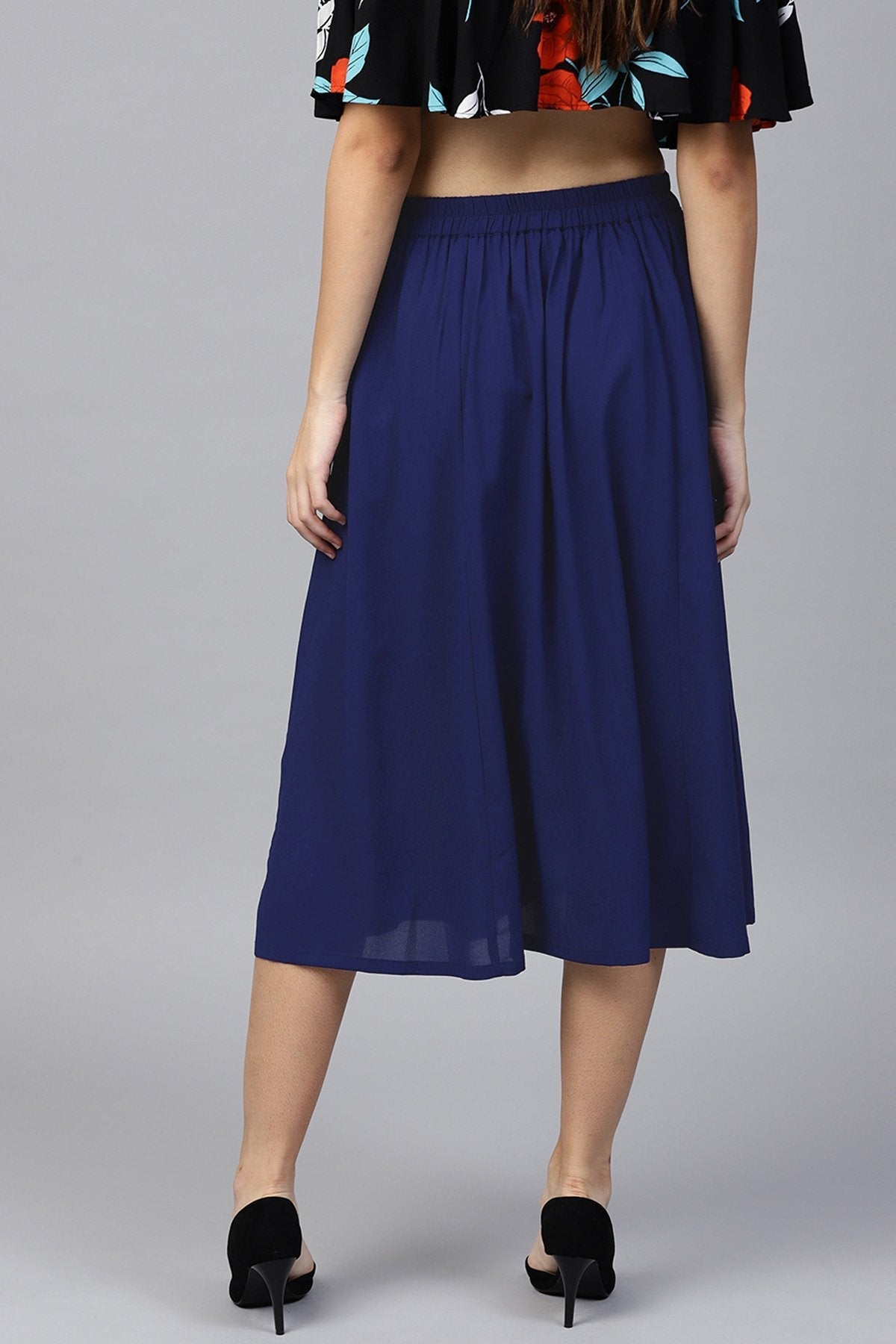 Women's Navy Front Button Flared Midi Skirt