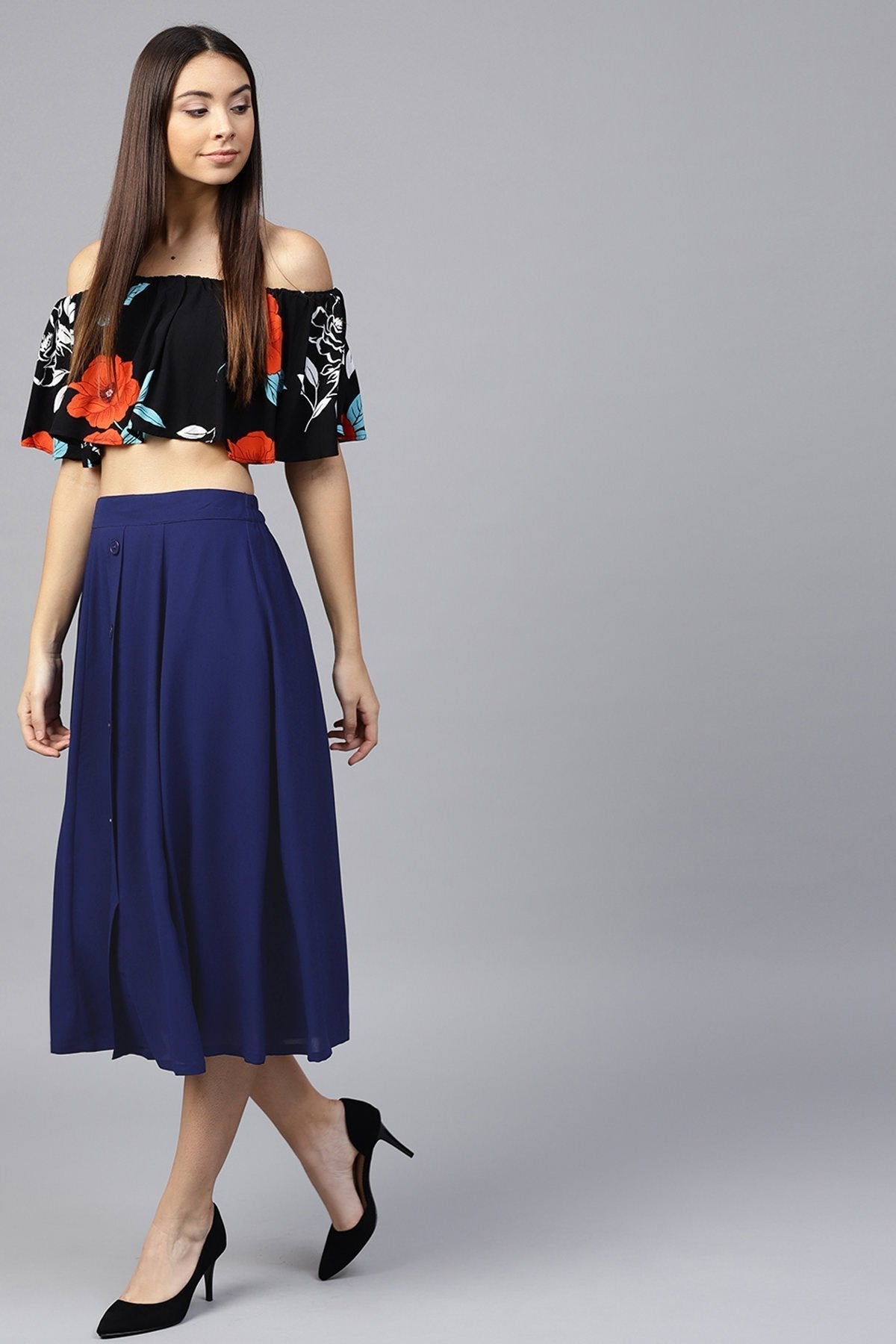 Women's Navy Front Button Flared Midi Skirt