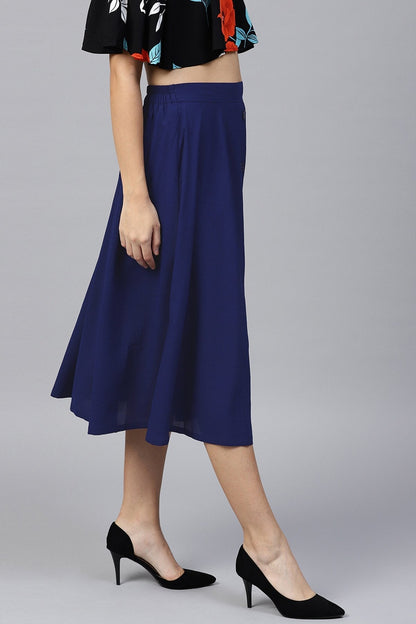 Women's Navy Front Button Flared Midi Skirt