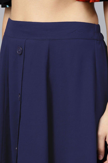 Women's Navy Front Button Flared Midi Skirt