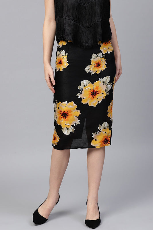 Women's Black Floral Silk Pencil Skirt