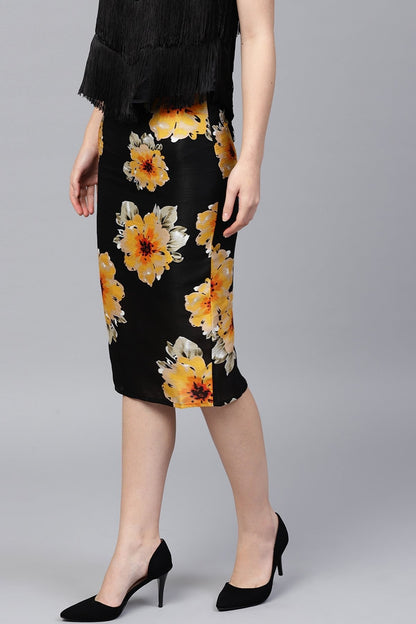 Women's Black Floral Silk Pencil Skirt