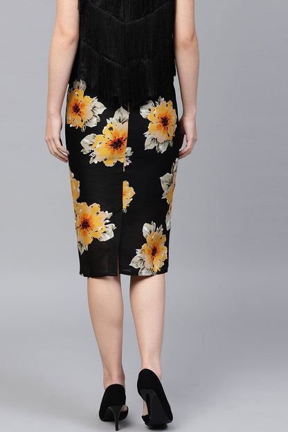 Women's Black Floral Silk Pencil Skirt