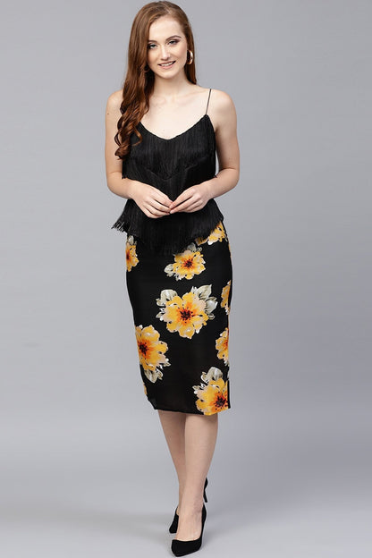 Women's Black Floral Silk Pencil Skirt