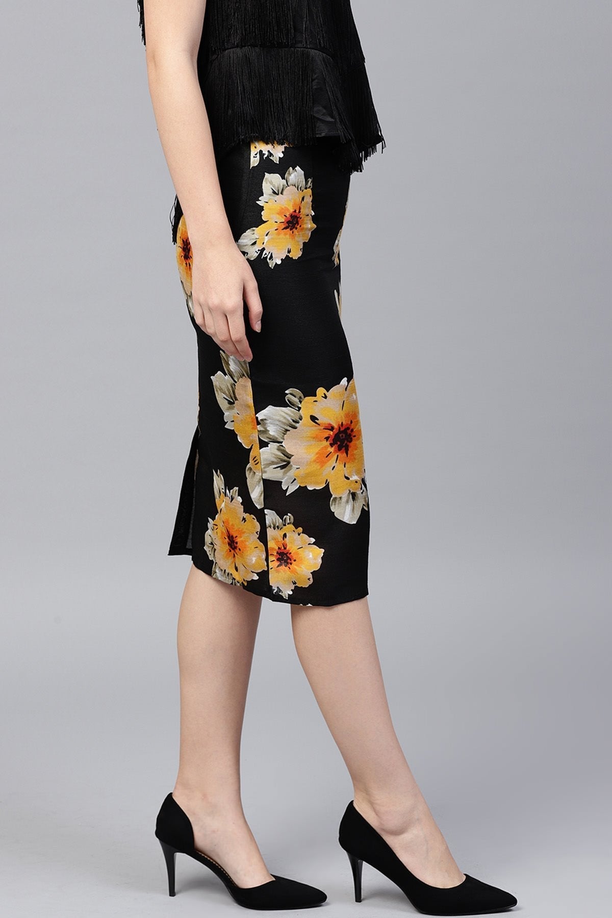 Women's Black Floral Silk Pencil Skirt
