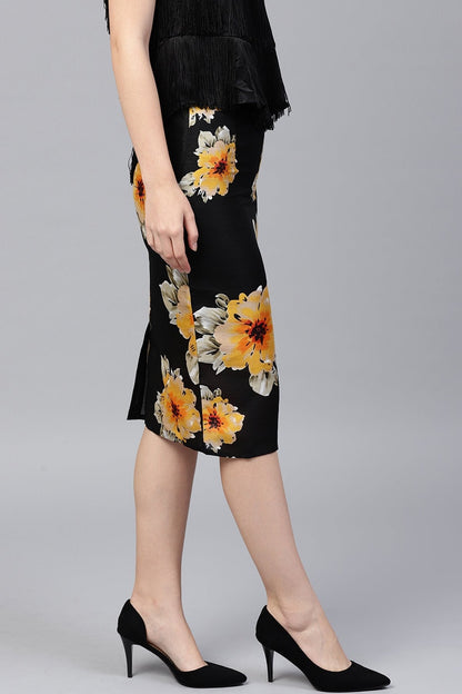 Women's Black Floral Silk Pencil Skirt