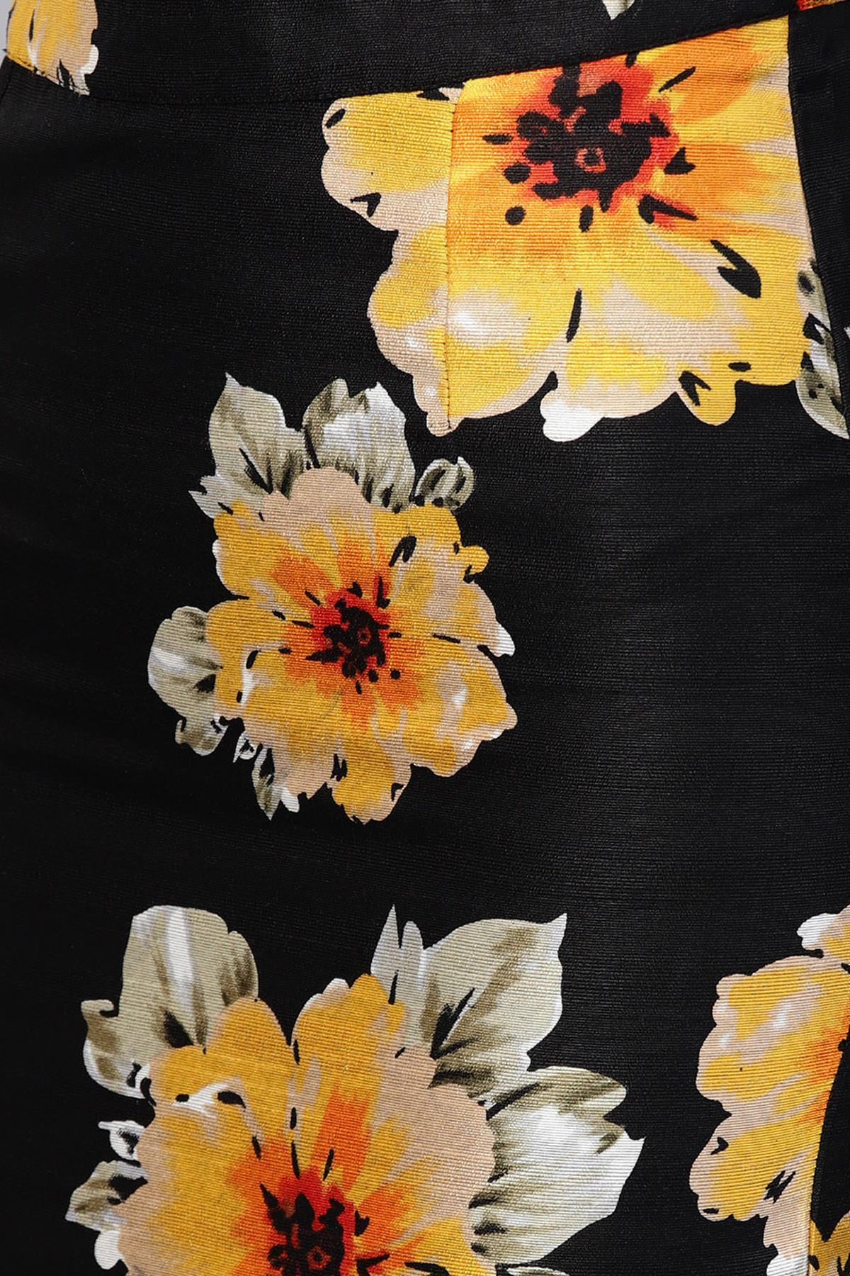 Women's Black Floral Silk Pencil Skirt