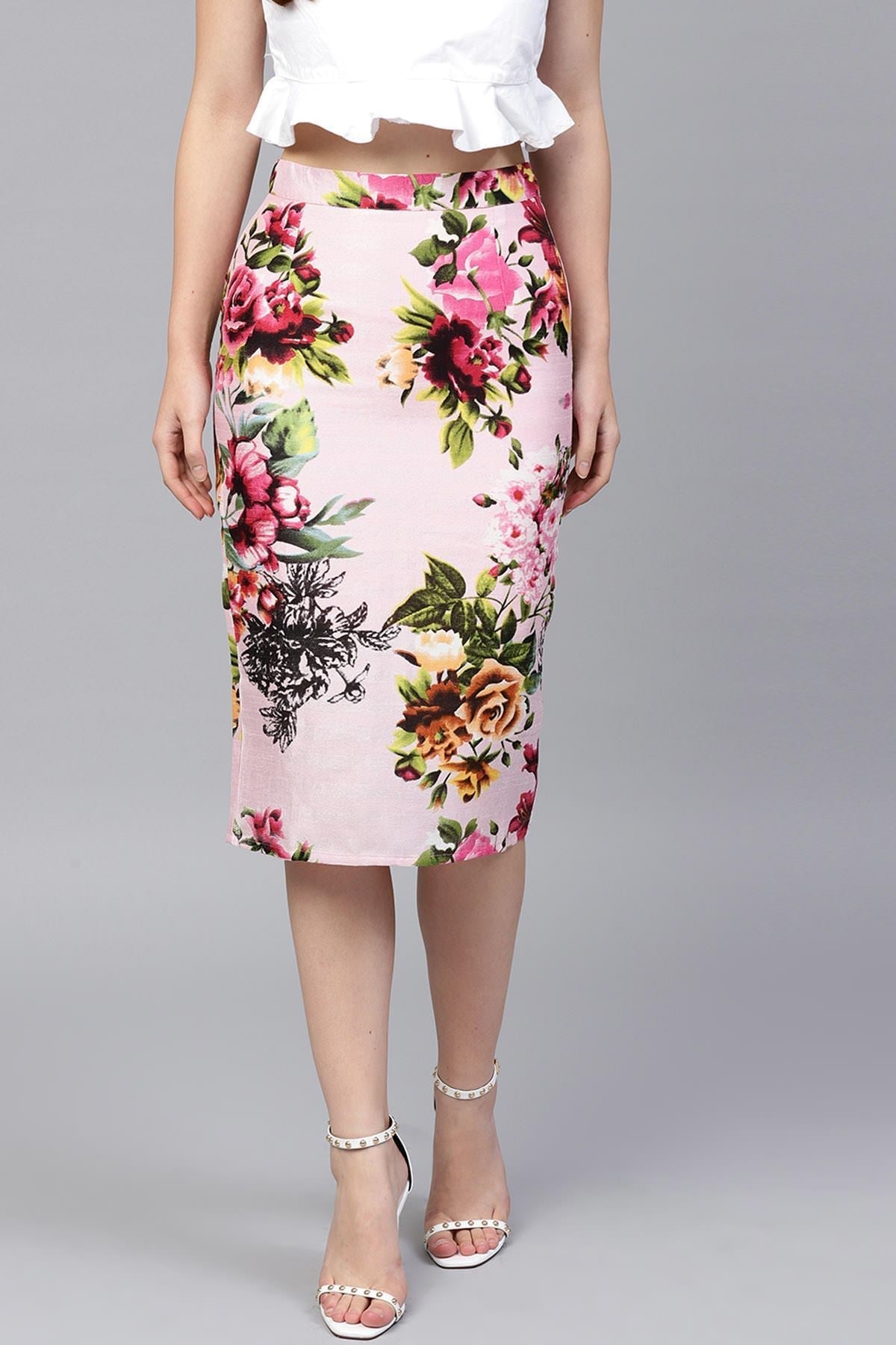 Women's Pink Floral Silk Pencil Skirt