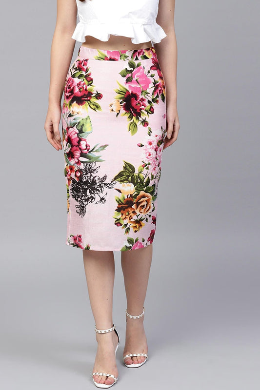 Women's Pink Floral Silk Pencil Skirt