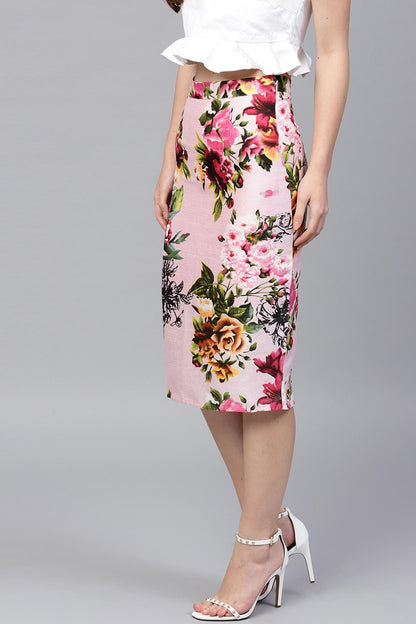 Women's Pink Floral Silk Pencil Skirt