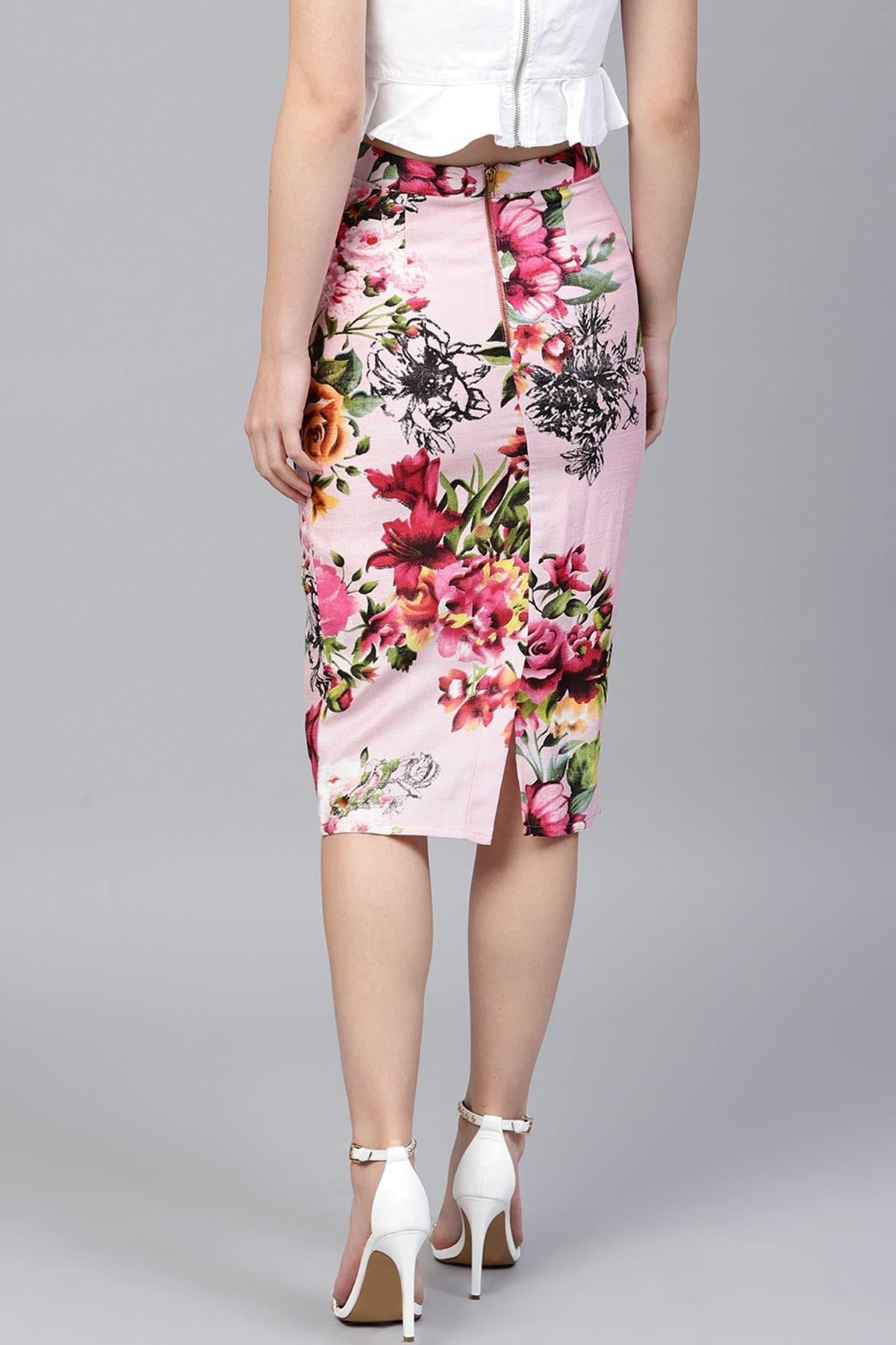 Women's Pink Floral Silk Pencil Skirt