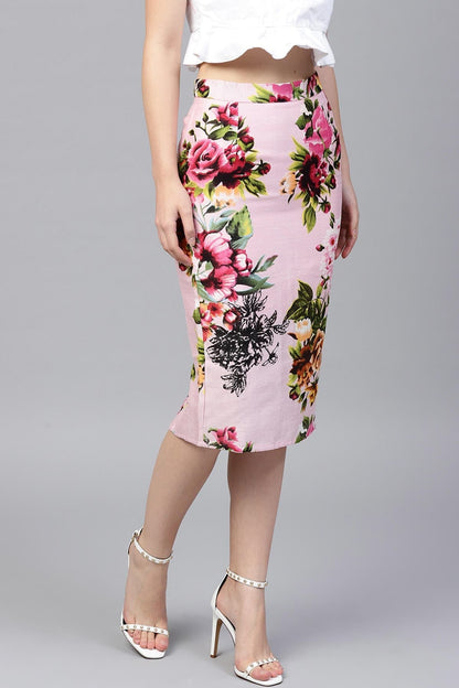Women's Pink Floral Silk Pencil Skirt