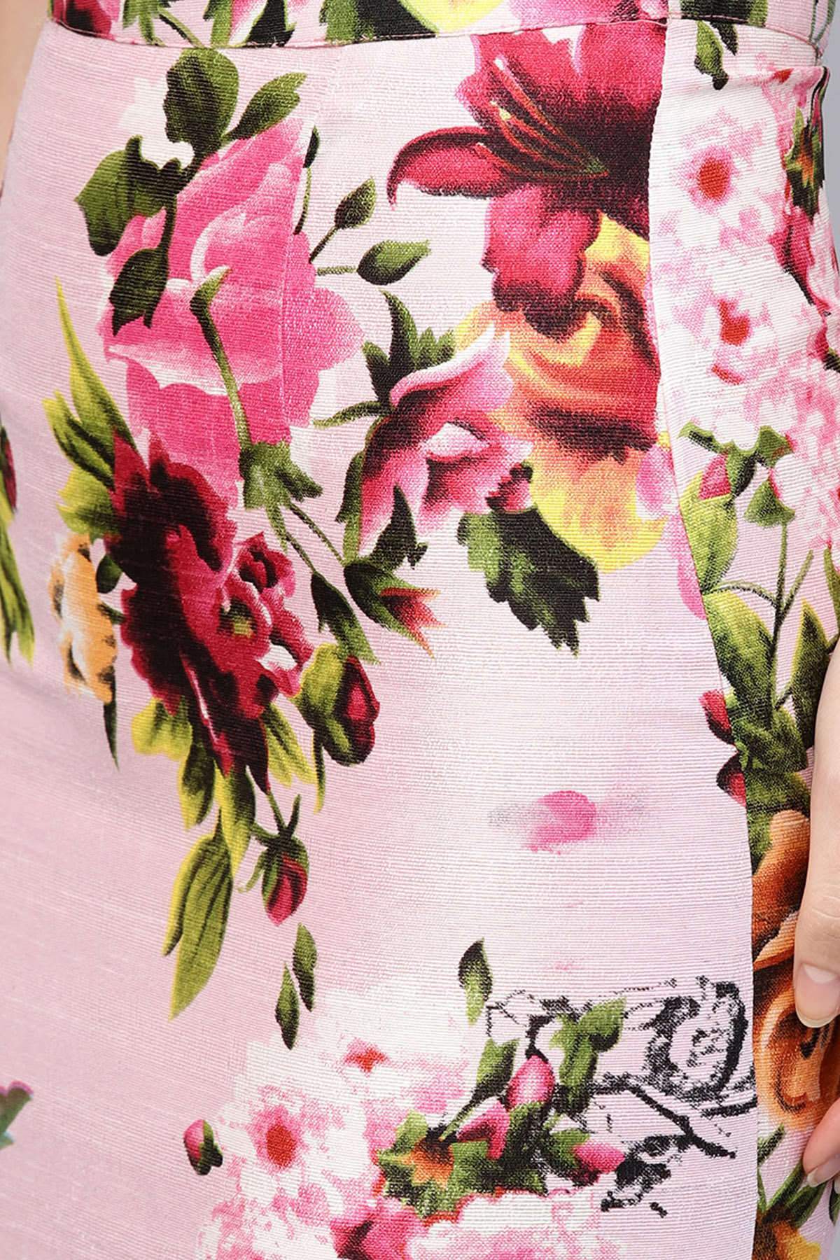 Women's Pink Floral Silk Pencil Skirt