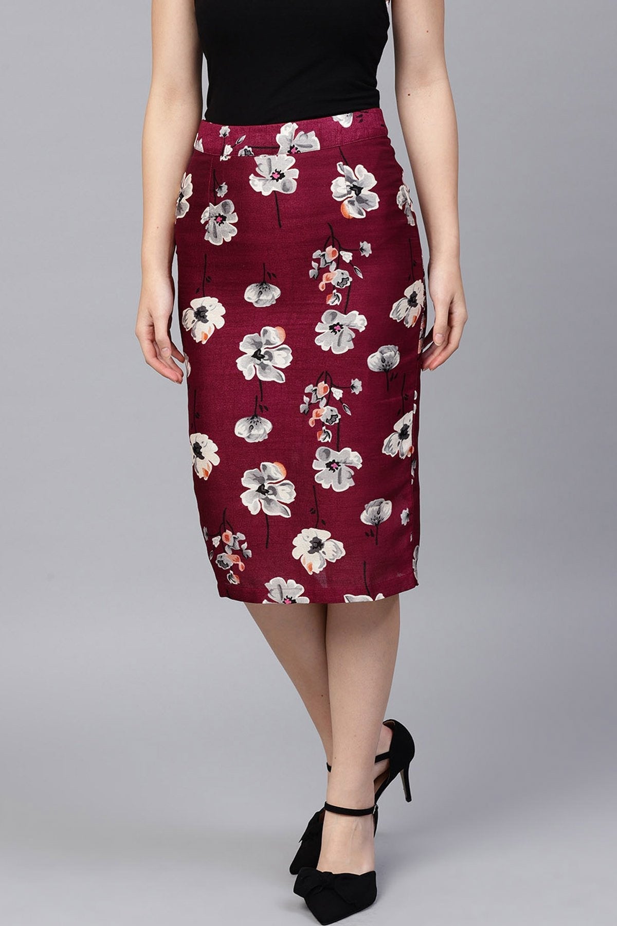 Women's Burgundy Floral Silk Pencil Skirt