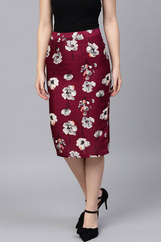 Women's Burgundy Floral Silk Pencil Skirt