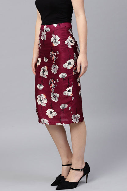 Women's Burgundy Floral Silk Pencil Skirt