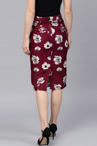 Women's Burgundy Floral Silk Pencil Skirt