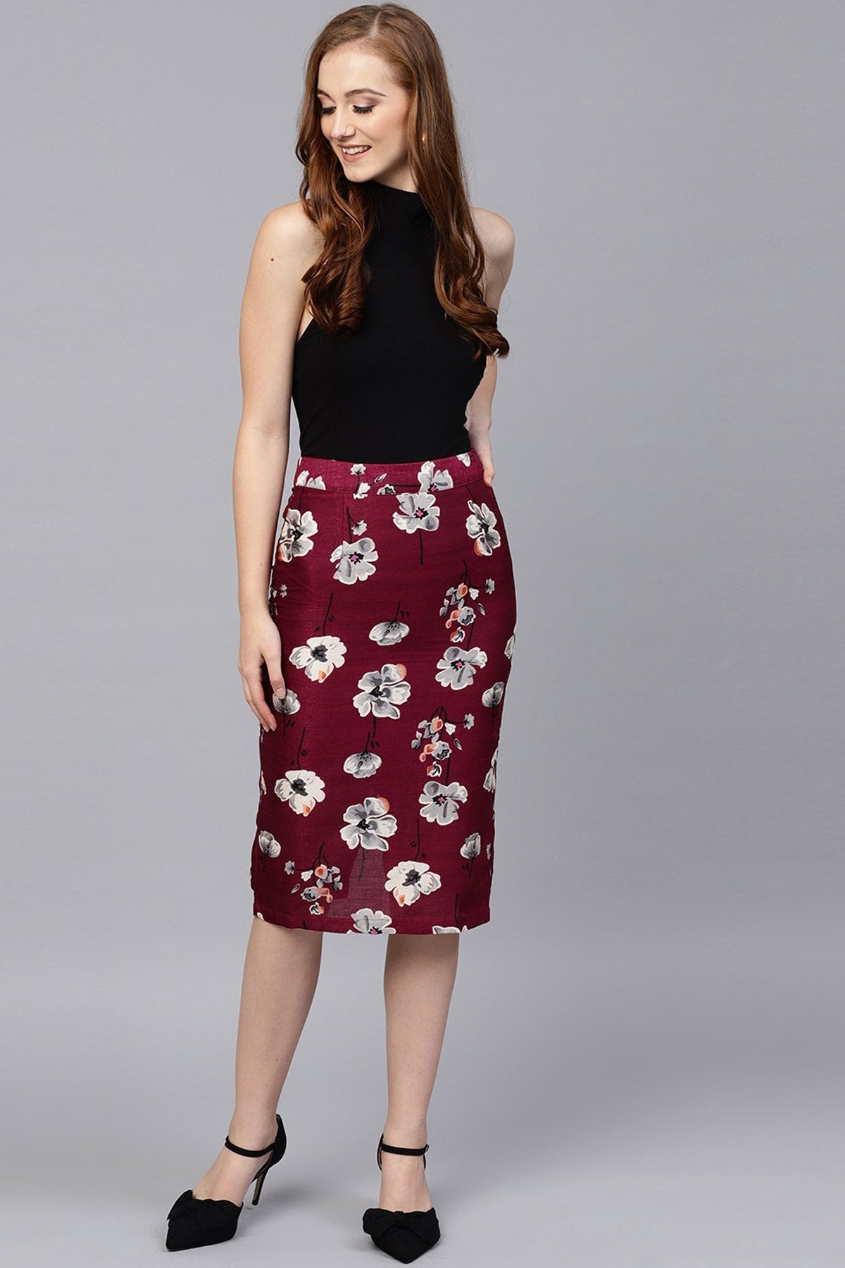 Women's Burgundy Floral Silk Pencil Skirt