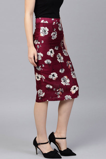 Women's Burgundy Floral Silk Pencil Skirt