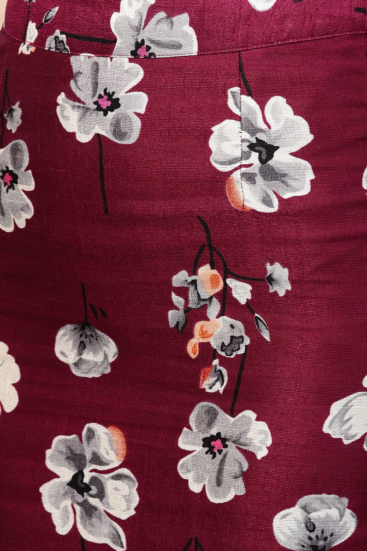 Women's Burgundy Floral Silk Pencil Skirt