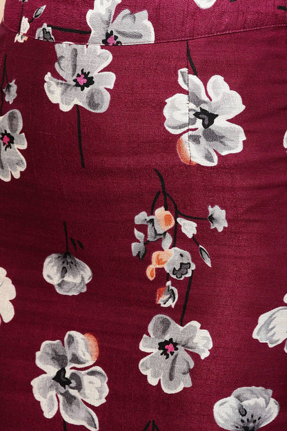 Women's Burgundy Floral Silk Pencil Skirt