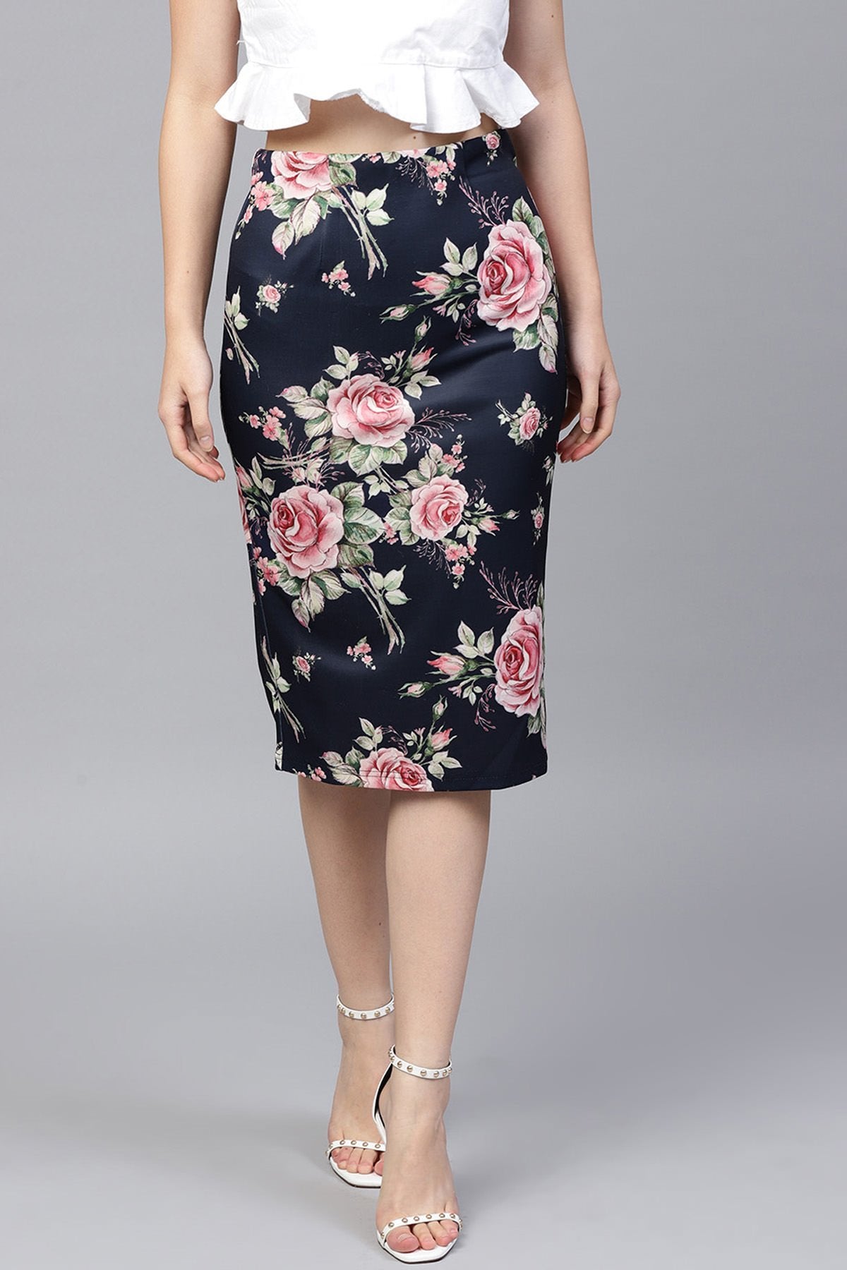 Women's Blue Floral Scuba Pencil Skirt